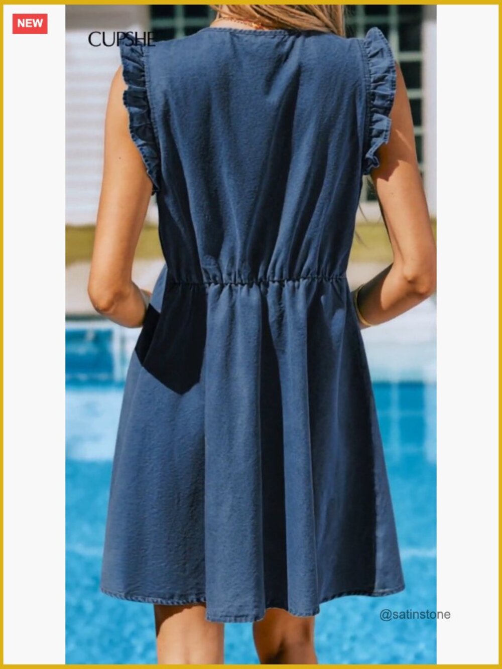 Women's Denim Summer Dress Cotton Plunging V Neck Casual Sundress Ruffle - Picture 7 of 7